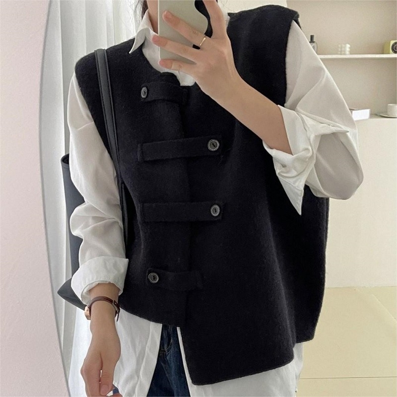Ženski kardigan-vest za proljeće i jesen, neujednačena pletenina, okrugli izrez, umjetnički retro stil