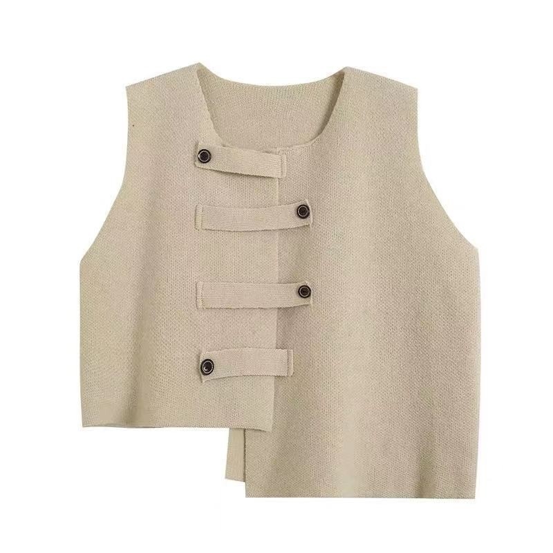 Ženski kardigan-vest za proljeće i jesen, neujednačena pletenina, okrugli izrez, umjetnički retro stil