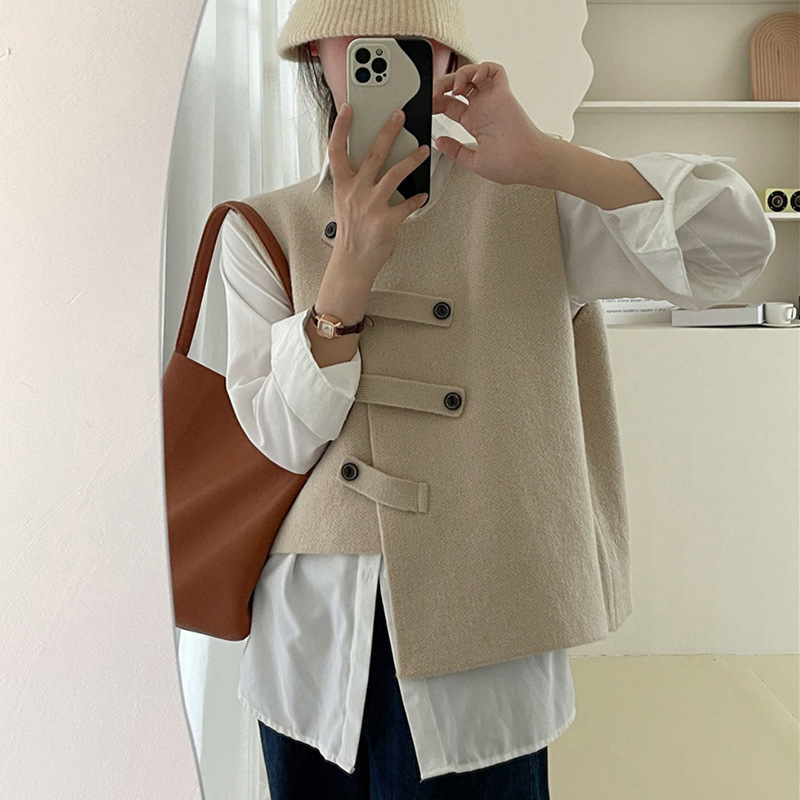 Ženski kardigan-vest za proljeće i jesen, neujednačena pletenina, okrugli izrez, umjetnički retro stil