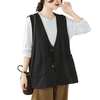 Ženski bezrukavni top s V-izrezom, japansko-korejski casual stil, pamuk-mješavina tkanine, glavni materijal pamuk, standardna duljina, kopčanje na jedan red gumba