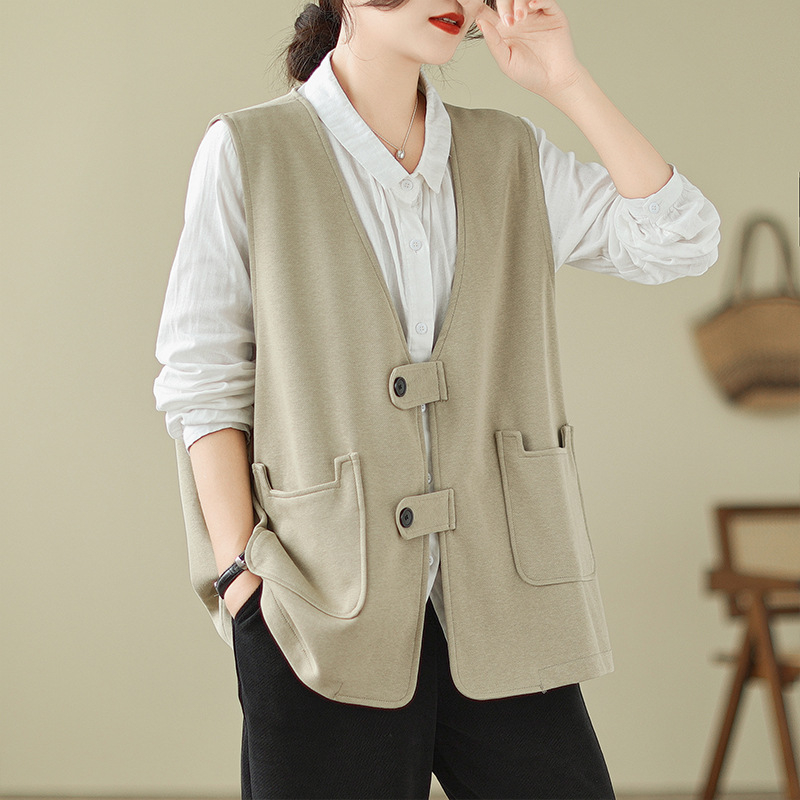 Ženski bezrukavni top s V-izrezom, japansko-korejski casual stil, pamuk-mješavina tkanine, glavni materijal pamuk, standardna duljina, kopčanje na jedan red gumba