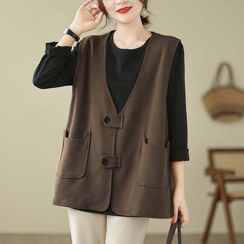 Ženski bezrukavni top s V-izrezom, japansko-korejski casual stil, pamuk-mješavina tkanine, glavni materijal pamuk, standardna duljina, kopčanje na jedan red gumba