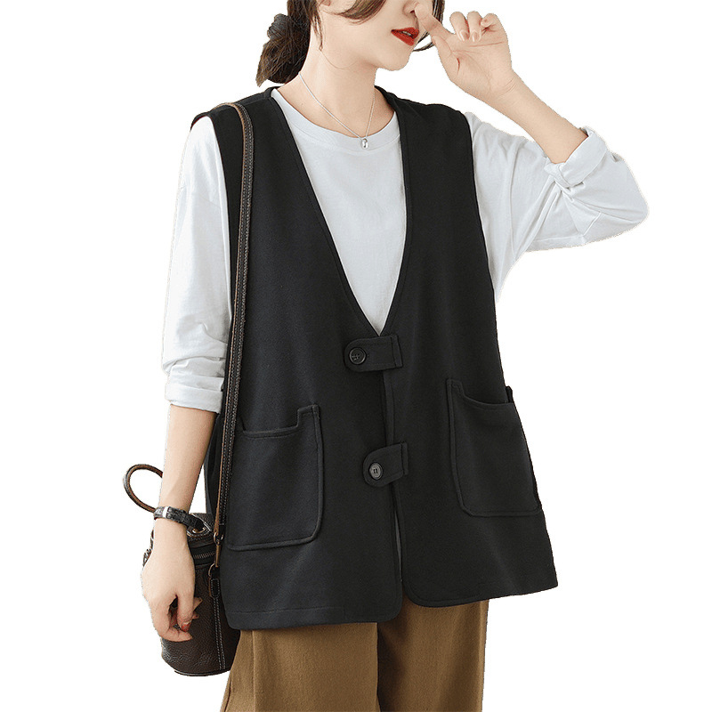 Ženski bezrukavni top s V-izrezom, japansko-korejski casual stil, pamuk-mješavina tkanine, glavni materijal pamuk, standardna duljina, kopčanje na jedan red gumba
