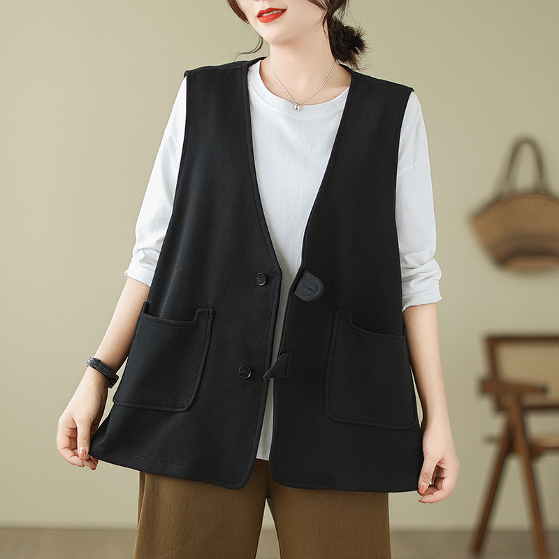 Ženski bezrukavni top s V-izrezom, japansko-korejski casual stil, pamuk-mješavina tkanine, glavni materijal pamuk, standardna duljina, kopčanje na jedan red gumba