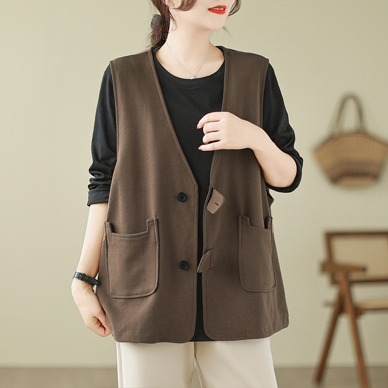 Ženski bezrukavni top s V-izrezom, japansko-korejski casual stil, pamuk-mješavina tkanine, glavni materijal pamuk, standardna duljina, kopčanje na jedan red gumba