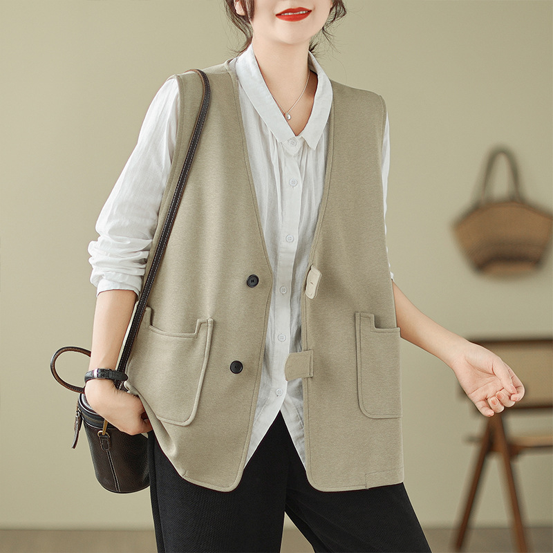 Ženski bezrukavni top s V-izrezom, japansko-korejski casual stil, pamuk-mješavina tkanine, glavni materijal pamuk, standardna duljina, kopčanje na jedan red gumba