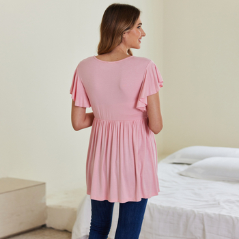 Пижамено горнище за кърмене с кръгло деколте, набрани детайли и рюши ръкави 3/4; 200g японска памучна смес (95% rayon, 5% spandex), средно-тежка материя.