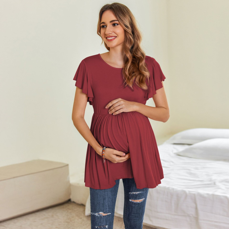 Пижамено горнище за кърмене с кръгло деколте, набрани детайли и рюши ръкави 3/4; 200g японска памучна смес (95% rayon, 5% spandex), средно-тежка материя.