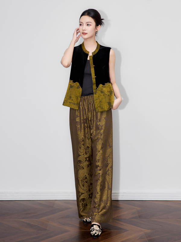 Mulberry svila žakardna vest, kineski stil retro, stojeći ovratnik, cvjetni uzorak, za žene, jesen 2025