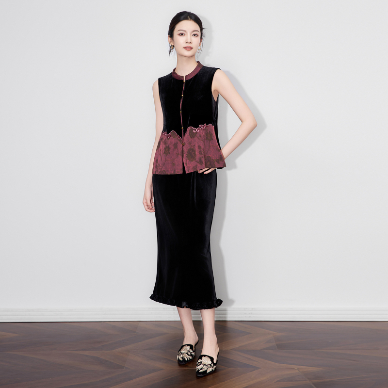 Mulberry svila žakardna vest, kineski stil retro, stojeći ovratnik, cvjetni uzorak, za žene, jesen 2025