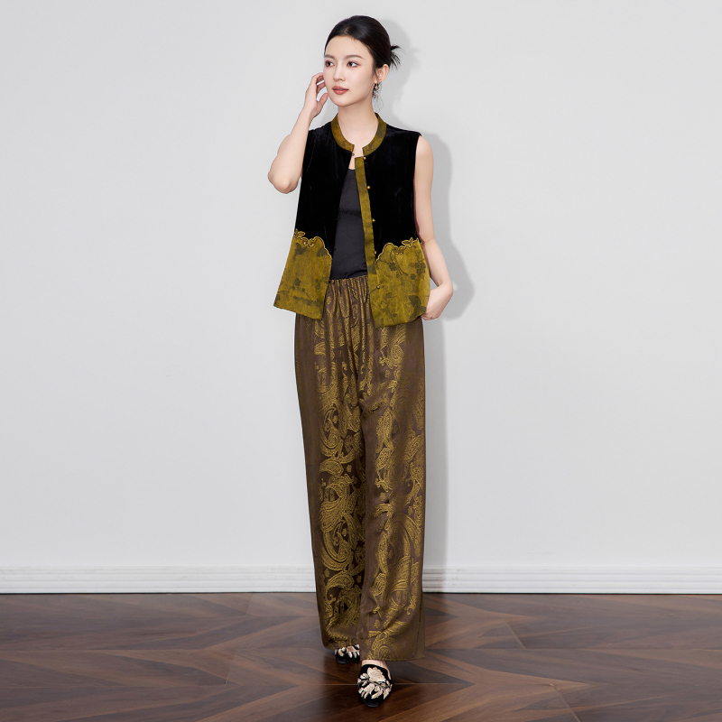 Mulberry svila žakardna vest, kineski stil retro, stojeći ovratnik, cvjetni uzorak, za žene, jesen 2025