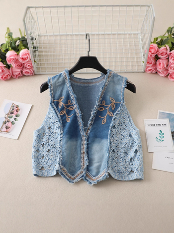 Ženski patchwork vest s V-izrezom, s izšivenim biljnim motivom, kratka duljina, udoban kroj