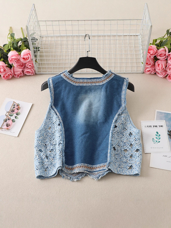 Ženski patchwork vest s V-izrezom, s izšivenim biljnim motivom, kratka duljina, udoban kroj