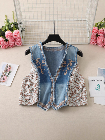 Ženski patchwork vest s V-izrezom, s izšivenim biljnim motivom, kratka duljina, udoban kroj