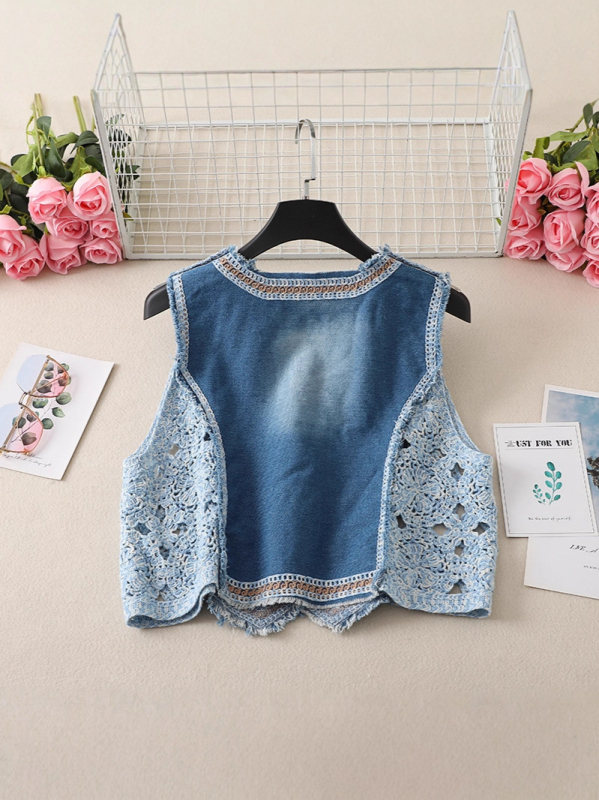 Ženski patchwork vest s V-izrezom, s izšivenim biljnim motivom, kratka duljina, udoban kroj