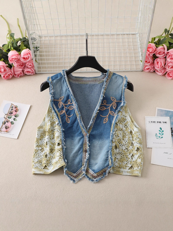Ženski patchwork vest s V-izrezom, s izšivenim biljnim motivom, kratka duljina, udoban kroj
