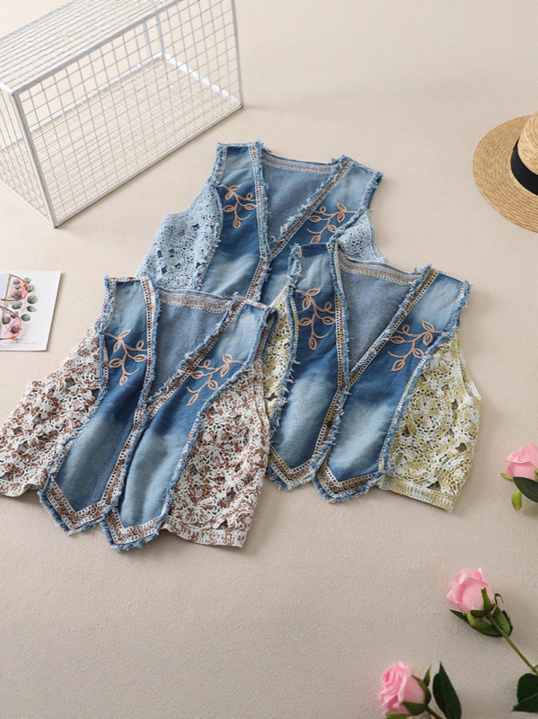 Ženski patchwork vest s V-izrezom, s izšivenim biljnim motivom, kratka duljina, udoban kroj