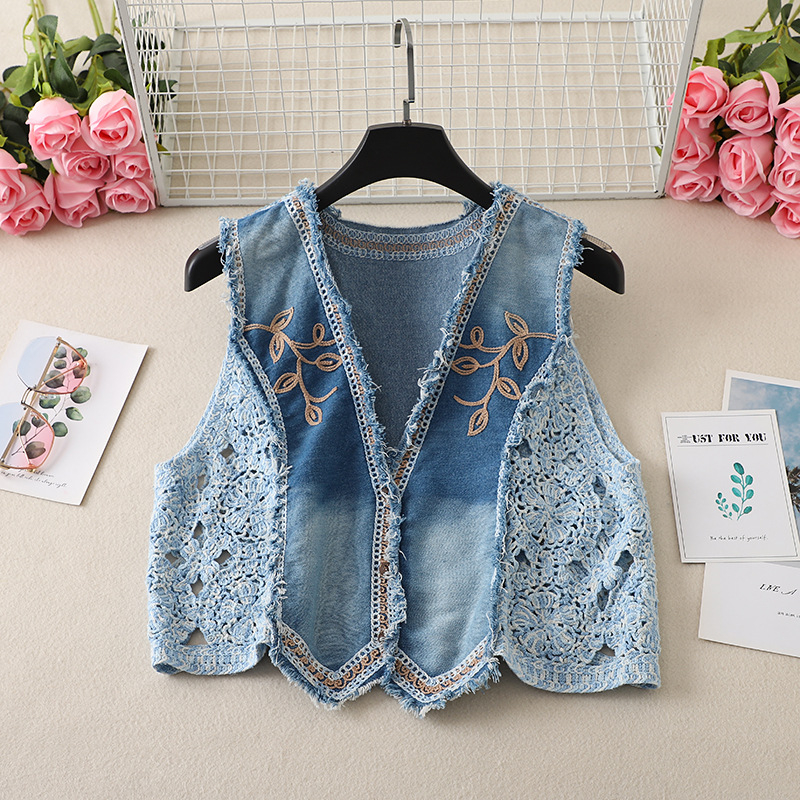Ženski patchwork vest s V-izrezom, s izšivenim biljnim motivom, kratka duljina, udoban kroj