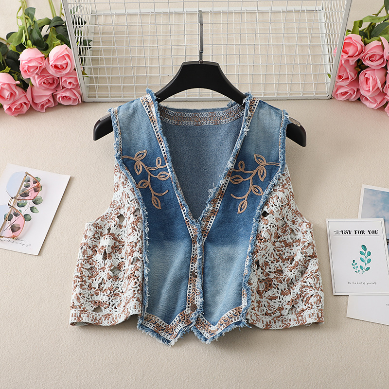 Ženski patchwork vest s V-izrezom, s izšivenim biljnim motivom, kratka duljina, udoban kroj