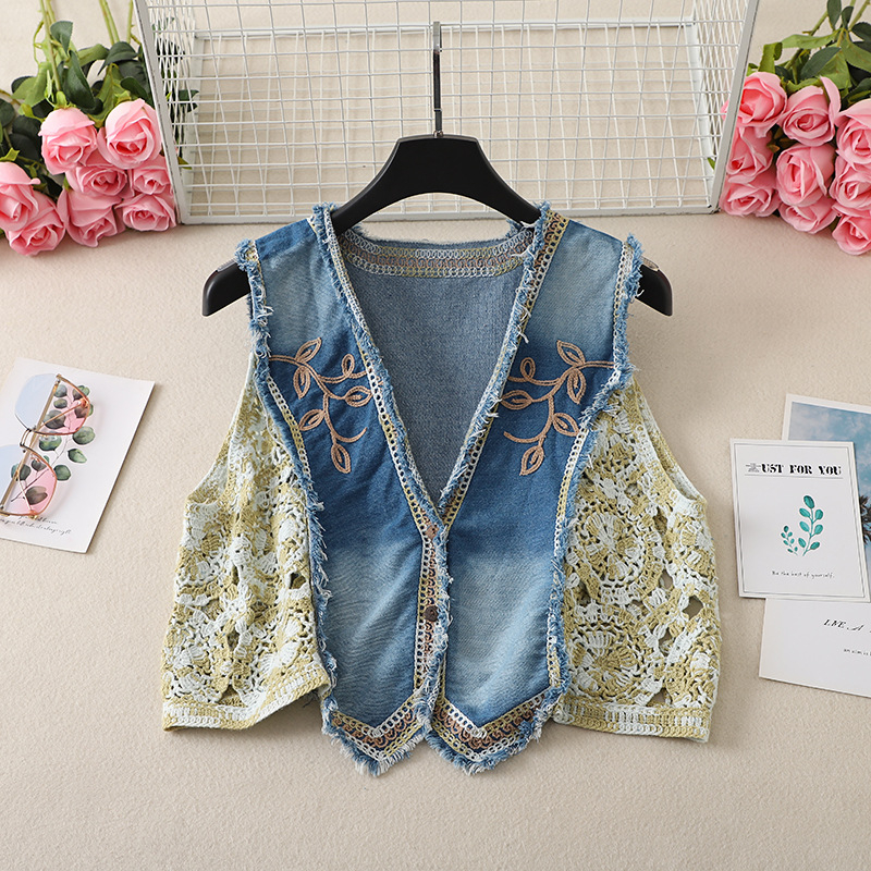 Ženski patchwork vest s V-izrezom, s izšivenim biljnim motivom, kratka duljina, udoban kroj