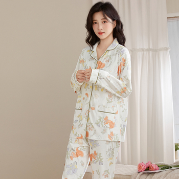 Следродилен памучен комплект пижами за кърмене, дълги ръкави, панталони, средно тегло (100% памук)