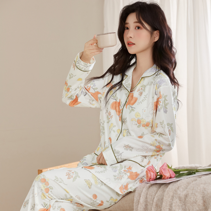 Следродилен памучен комплект пижами за кърмене, дълги ръкави, панталони, средно тегло (100% памук)