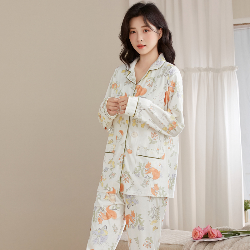 Следродилен памучен комплект пижами за кърмене, дълги ръкави, панталони, средно тегло (100% памук)