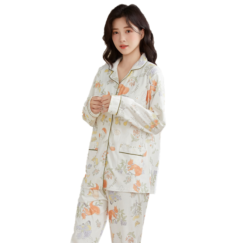 Следродилен памучен комплект пижами за кърмене, дълги ръкави, панталони, средно тегло (100% памук)