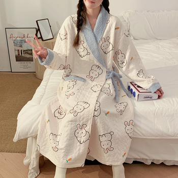 Кимоно стил пижама за майки и кърмене, дебел памук (combed cotton), дълги ръкави и панталони, връзване, подходяща за зимно‑пролетно‑есенно носене.