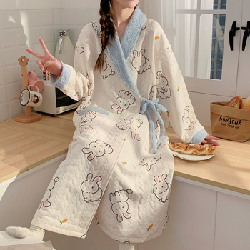 Кимоно стил пижама за майки и кърмене, дебел памук (combed cotton), дълги ръкави и панталони, връзване, подходяща за зимно‑пролетно‑есенно носене.