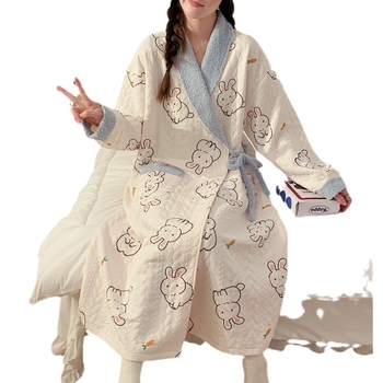 Кимоно стил пижама за майки и кърмене, дебел памук (combed cotton), дълги ръкави и панталони, връзване, подходяща за зимно‑пролетно‑есенно носене.