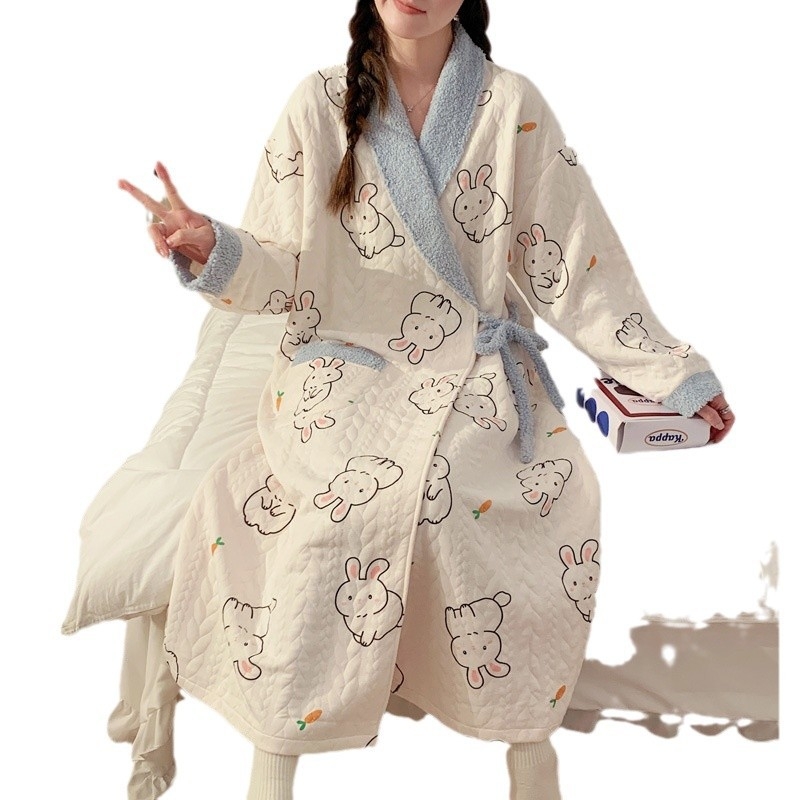 Кимоно стил пижама за майки и кърмене, дебел памук (combed cotton), дълги ръкави и панталони, връзване, подходяща за зимно‑пролетно‑есенно носене.