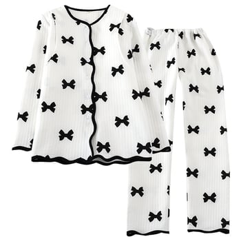Пижамен комплект за кърмене от въздушно-памучна тъкан, топъл за есен-зима, дълги ръкави и дълги панталони, с отвори за кърмене