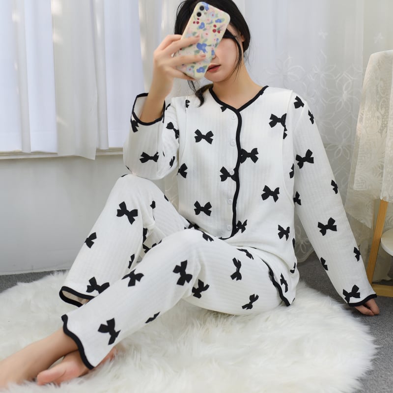 Пижамен комплект за кърмене от въздушно-памучна тъкан, топъл за есен-зима, дълги ръкави и дълги панталони, с отвори за кърмене