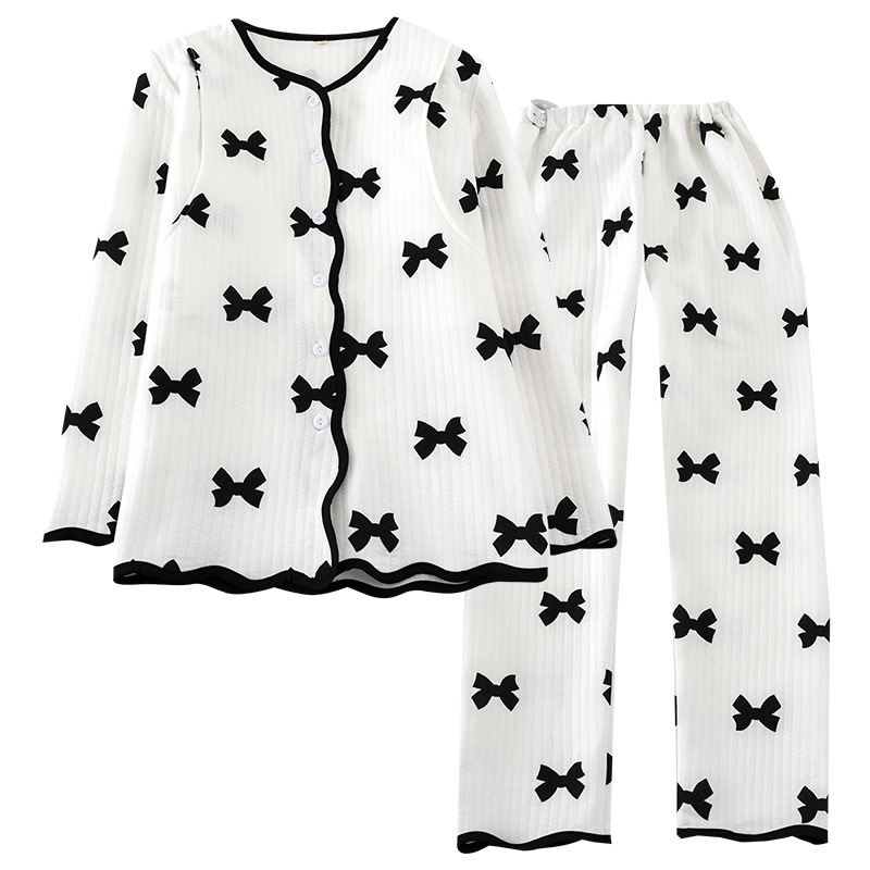 Пижамен комплект за кърмене от въздушно-памучна тъкан, топъл за есен-зима, дълги ръкави и дълги панталони, с отвори за кърмене