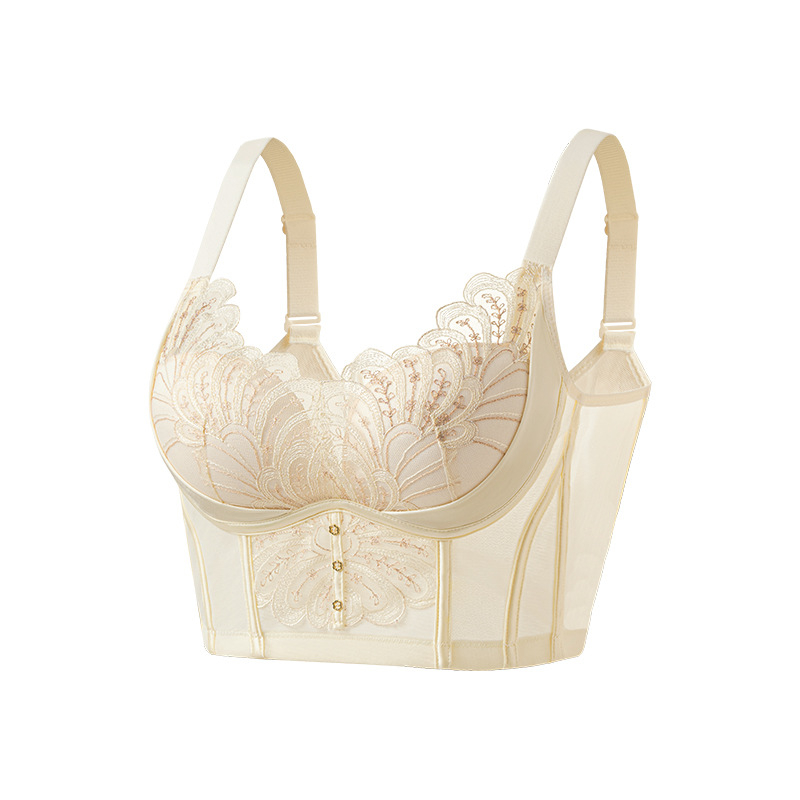 Оформящ сутиен-жилетка с рибена кост за странична опора, 3/4 чашка, средно оформени чашки, дантела от найлон, закопчаване отзад с пет реда куки, фиксирани презрамки