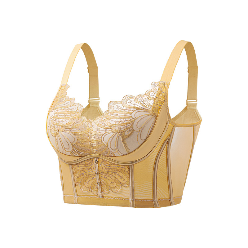 Оформящ сутиен-жилетка с рибена кост за странична опора, 3/4 чашка, средно оформени чашки, дантела от найлон, закопчаване отзад с пет реда куки, фиксирани презрамки