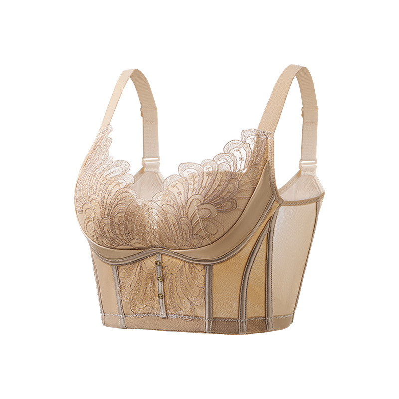 Оформящ сутиен-жилетка с рибена кост за странична опора, 3/4 чашка, средно оформени чашки, дантела от найлон, закопчаване отзад с пет реда куки, фиксирани презрамки