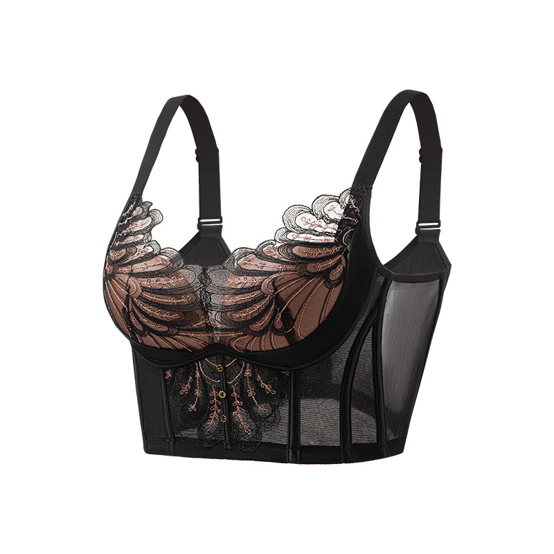 Оформящ сутиен-жилетка с рибена кост за странична опора, 3/4 чашка, средно оформени чашки, дантела от найлон, закопчаване отзад с пет реда куки, фиксирани презрамки