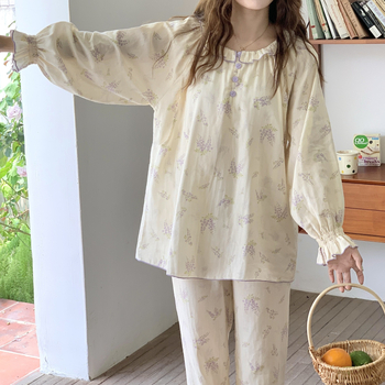 Nėštųjų vasarinis medvilninis gauzės pižamos komplektas maitinti, gėlių raštas, ilgomis rankovėmis, ilgomis kelnėmis