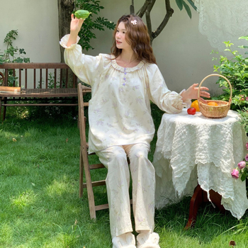 Nėštųjų vasarinis medvilninis gauzės pižamos komplektas maitinti, gėlių raštas, ilgomis rankovėmis, ilgomis kelnėmis