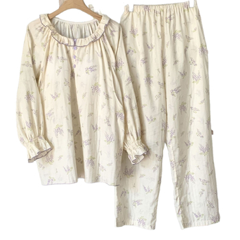 Nėštųjų vasarinis medvilninis gauzės pižamos komplektas maitinti, gėlių raštas, ilgomis rankovėmis, ilgomis kelnėmis