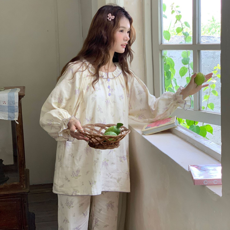 Nėštųjų vasarinis medvilninis gauzės pižamos komplektas maitinti, gėlių raštas, ilgomis rankovėmis, ilgomis kelnėmis