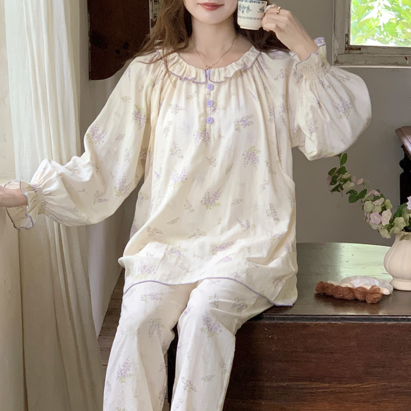 Nėštųjų vasarinis medvilninis gauzės pižamos komplektas maitinti, gėlių raštas, ilgomis rankovėmis, ilgomis kelnėmis