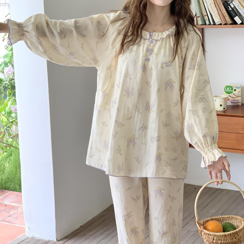Nėštųjų vasarinis medvilninis gauzės pižamos komplektas maitinti, gėlių raštas, ilgomis rankovėmis, ilgomis kelnėmis