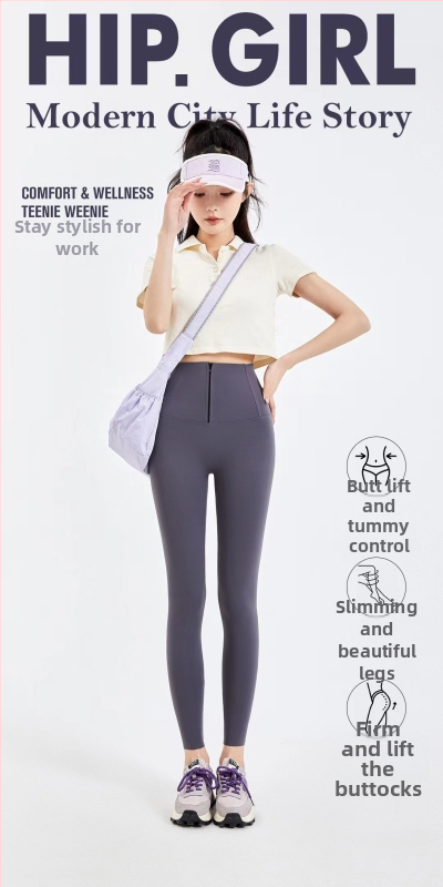 Leggings Sharkskin sa zatvaračem, trostruka kontrola trbuha, visokim strukom, duljina 9/10, uski kroj