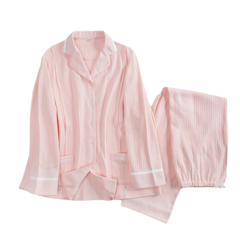 Roza set za trudnoću i dojenje od 100% pamuka s jacquard uzorkom i prugama, pleteni top i hlače