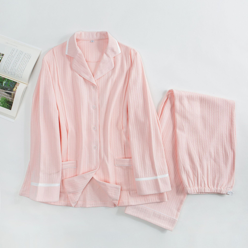 Roza set za trudnoću i dojenje od 100% pamuka s jacquard uzorkom i prugama, pleteni top i hlače