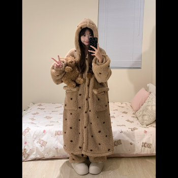 Koreai stílusú női pizsama készlet korall plüssből – vastag téli meleg, otthoni viselet, hosszú ujjú felső és hosszú nadrág