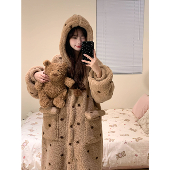 Koreai stílusú női pizsama készlet korall plüssből – vastag téli meleg, otthoni viselet, hosszú ujjú felső és hosszú nadrág